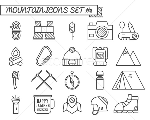 Set of Camp, travel icons, thin line style, flat design. Mountain climbing theme with touristic tent Stock photo © JeksonGraphics