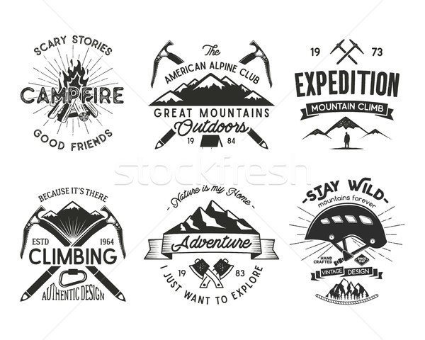 Vintage mountaineering badges set. Climbing logo, vintage vector emblems. Climb alpinism gear - helm Stock photo © JeksonGraphics