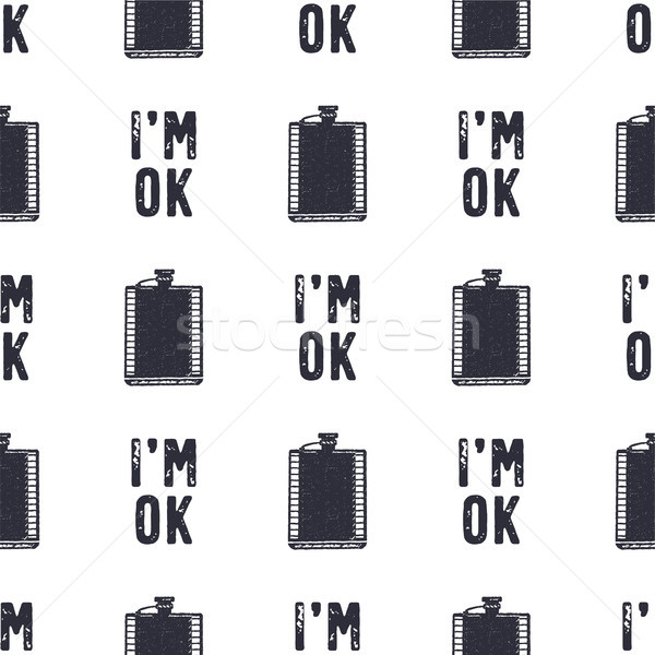 Vintage hand drawn funny pattern design. Seamless wallpaper with flask, typography sign - I'm OK. Mo Stock photo © JeksonGraphics