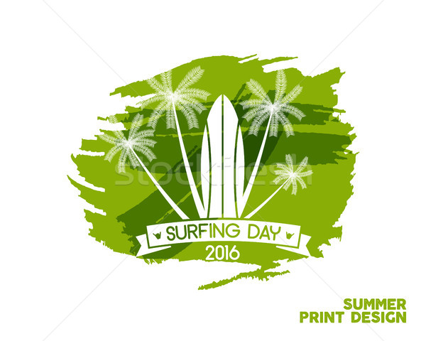 Surfing day label graphic elements. Vector Vacation typography emblem on watercolor ink splash. Surf Stock photo © JeksonGraphics