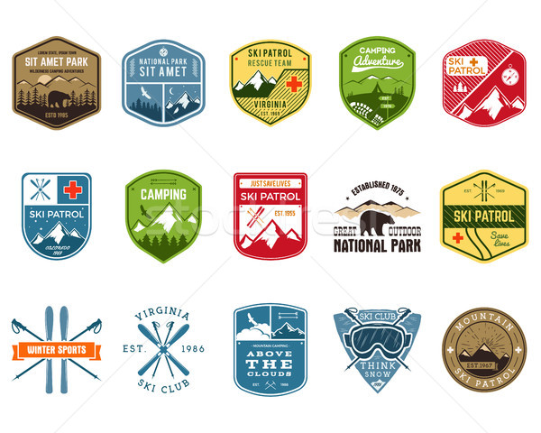 Set of Ski Club, Patrol Labels. Vintage Mountain winter camp explorer badges. Outdoor adventure logo Stock photo © JeksonGraphics