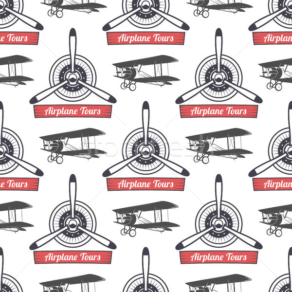 Vintage airplane tour pattern. Biplane propellers seamless background with ribbon, biplanes. Retro P Stock photo © JeksonGraphics