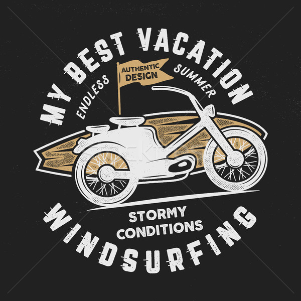 Vintage hand drawn windsurfing, surfing tee graphic design. Summer travel t shirt. poster concept wi Stock photo © JeksonGraphics