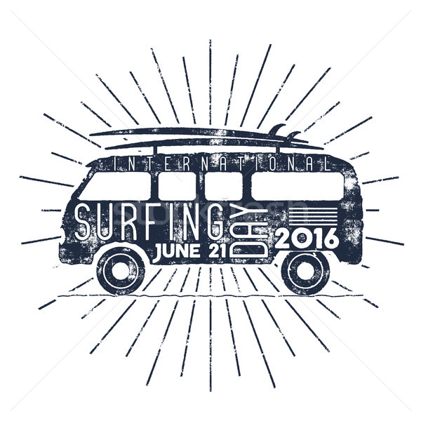 Surfing day typography label. Vector Vacation typographic emblem with star bursts. Surfer party retr Stock photo © JeksonGraphics