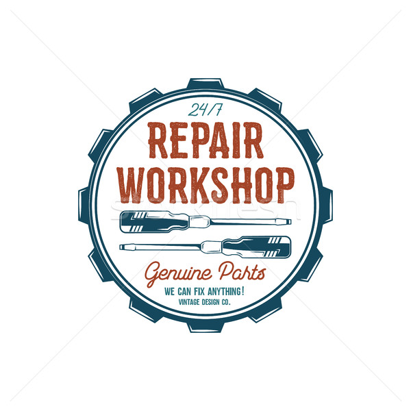 Vintage label design. Repair workshop emblem in retro colors style with garage tools - screwdrivers  Stock photo © JeksonGraphics