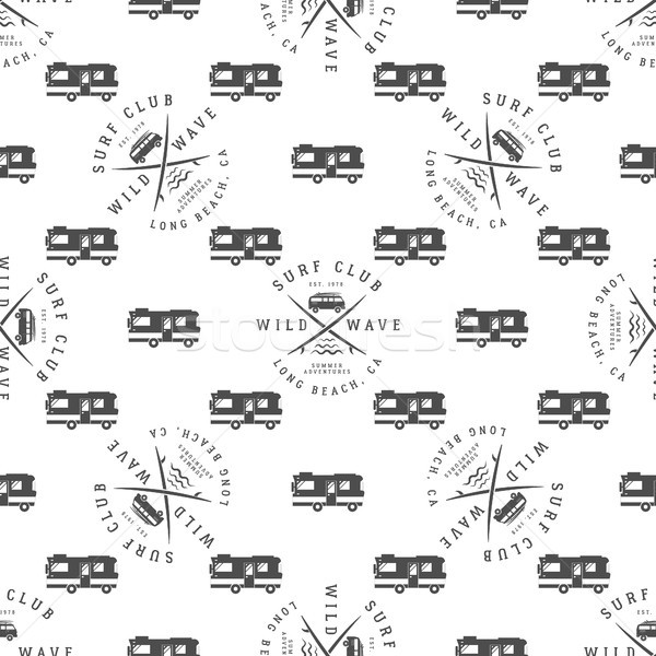  Surfing Seamless pattern with van. Surfer club badge. Summer wallpaper printing design adventure sy Stock photo © JeksonGraphics