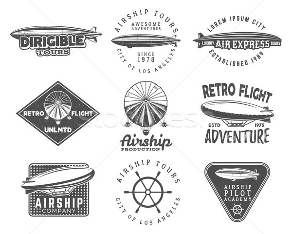 Vintage airship logo designs set. Retro Dirigible badges collection. Airplane Label design. Old sket Stock photo © JeksonGraphics