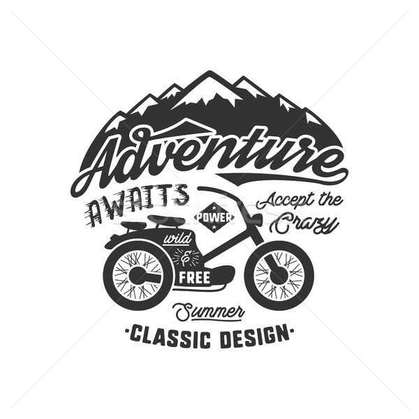Vintage wanderlust hand drawn label design. Adventure Awaits sign and outdoor activity symbols - mou Stock photo © JeksonGraphics