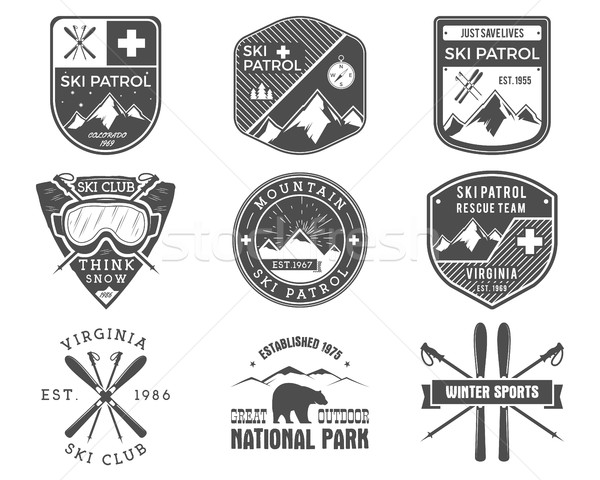 Set of Ski Club, Patrol Labels. Vintage Mountain winter sports explorer badges Outdoor adventure log Stock photo © JeksonGraphics