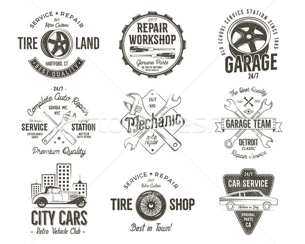 Vintage car service badges, garage repair labels and insignias collection. Retro colors design. Good Stock photo © JeksonGraphics