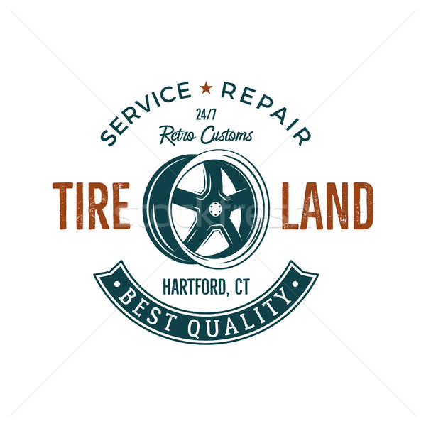 Vintage label design. Tire service emblem in retro color style with vector old wheel and typography  Stock photo © JeksonGraphics