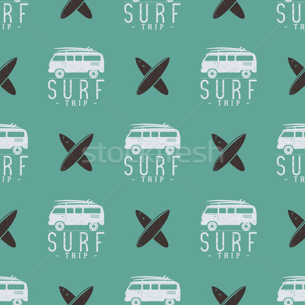Surfing trip pattern design. Summer seamless with surfer van, surfboards. Monochrome combi car. Vect Stock photo © JeksonGraphics