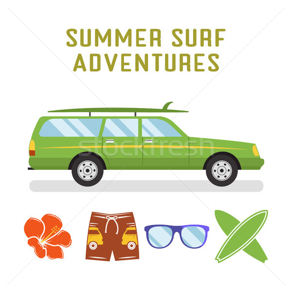  retro flat surf car design and elements - surfboards, glasses, flower. Best summer vacation, beach  Stock photo © JeksonGraphics