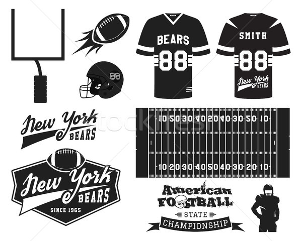 American football uniform, t-shirt design with team logo, label, badge, field, helmet, ball, goal. C Stock photo © JeksonGraphics