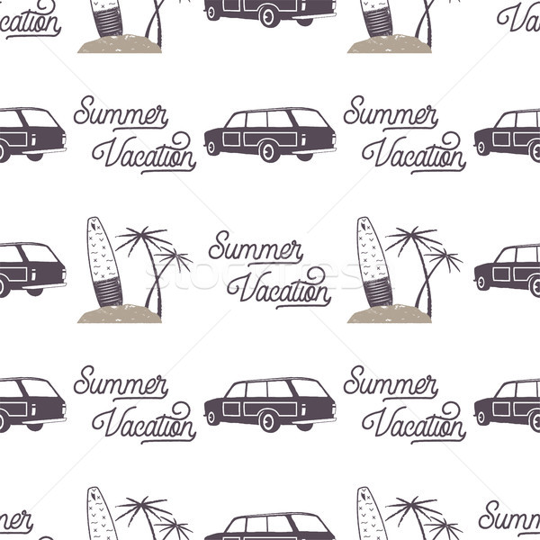 Surfing old style car pattern design. Summer seamless wallpaper with surfer van, surfboards, palms.  Stock photo © JeksonGraphics