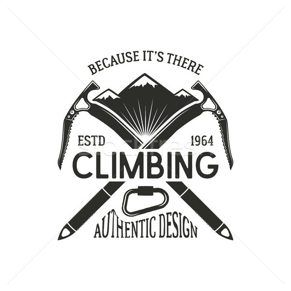 Vintage climbing badge. Climbing logo, vintage vector emblem. Climb gear - carabiner and text. Retro Stock photo © JeksonGraphics