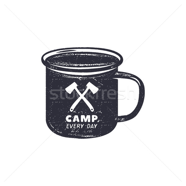 Stock photo: Hand drawn camping mug shape label with motivational quote - Camp every day. Outdoor activity badge.