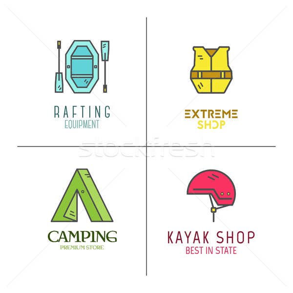 Stock photo: Collection of minimalistic rafting logos, labels or line badges. Outdoor adventure, cute color desig