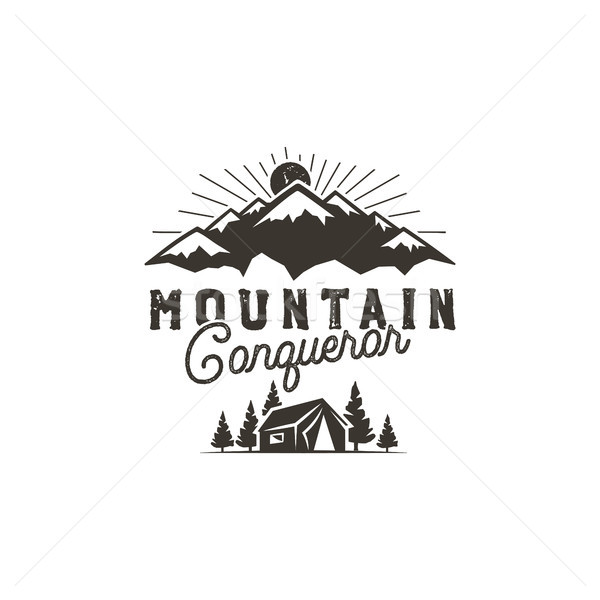 Traveling, outdoor badge. Scout camp emblem. Vintage hand drawn monochrome design. Mountain conquero Stock photo © JeksonGraphics