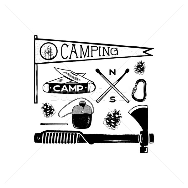 Vintage hand drawn camping adventure shapes. Hiking symbols - pennant, knife, matches, axe and other Stock photo © JeksonGraphics