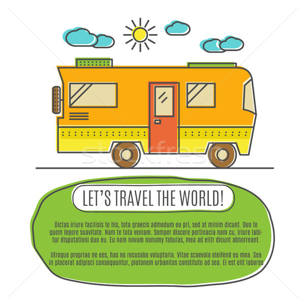 Thin line flat travelling concept. Design of camper rv car . Modern thin line travel vector illustra Stock photo © JeksonGraphics