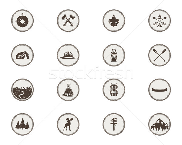 Boy scouts icons, patches. The full bundle. Camping stickers. Tent symbol, moose pictogram, backpack Stock photo © JeksonGraphics