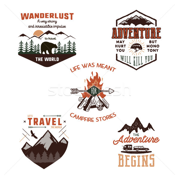 Vintage adventure tee shirts designs, summer logo set. Hand drawn travel labels. Mountain explorer,  Stock photo © JeksonGraphics