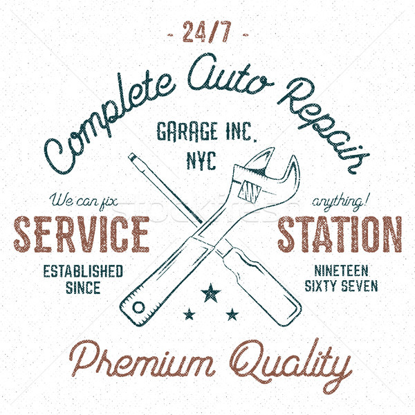 Stock photo: Service station vintage label, tee design graphics, complete auto repair service typography print. C