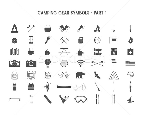 Set of silhouette icons and shapes with different outdoor gear, camping symbols for creating adventu Stock photo © JeksonGraphics