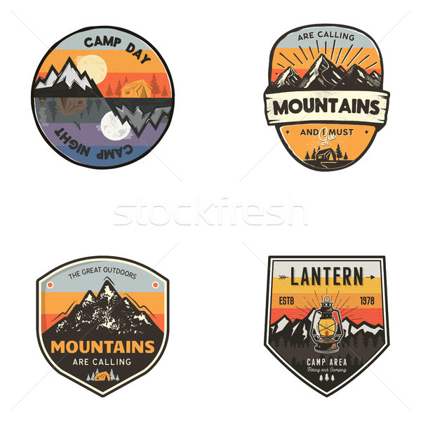 Set of vintage hand drawn travel logos. Hiking labels concepts. Mountain expedition badge designs. T Stock photo © JeksonGraphics