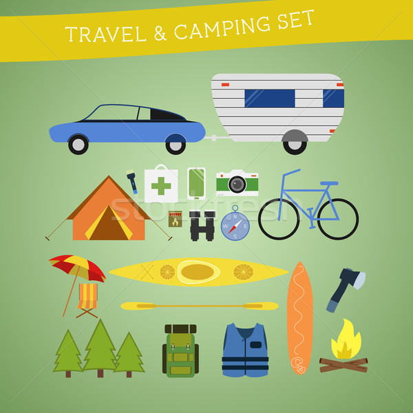 Bright cartoon travel and camping equipment icon set in vector. Recreation, vacation and sport symbo Stock photo © JeksonGraphics