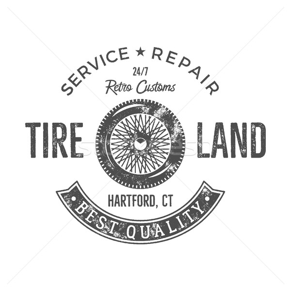 Stock photo: Vintage tire service label design. Retro emblem in monochrome  style with vector old wheel and typog