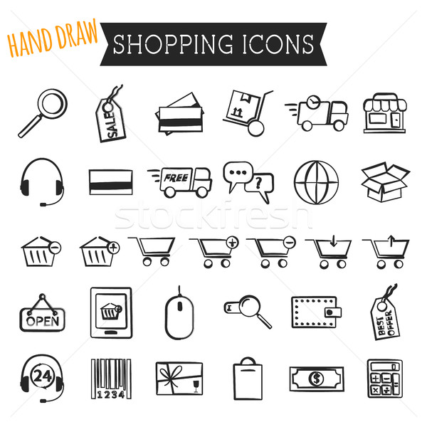 Set of On-Line Shopping icons isolated on white background. Hand draw style. Outline. Can be use as  Stock photo © JeksonGraphics