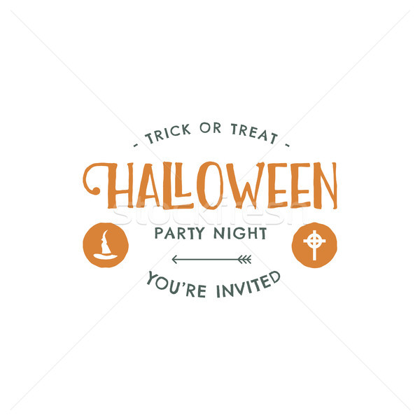 Halloween party label template with hat and typography elements. letters. Retro grunge patch for sca Stock photo © JeksonGraphics