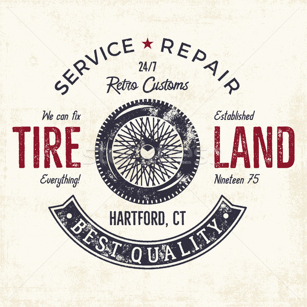 Vintage label design. Tire service emblem in monochrome retro style with old wheel and typography el Stock photo © JeksonGraphics