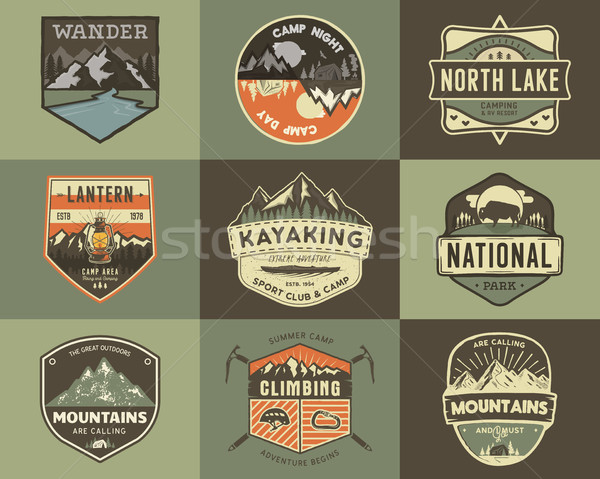 Set of vintage hand drawn travel badges. Camping labels concepts. Mountain expedition logo designs.  Stock photo © JeksonGraphics