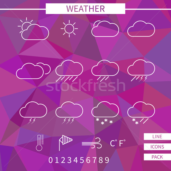 Weather icon set. White thin line elements on unusual polygonal pink background. Minimalistic design Stock photo © JeksonGraphics