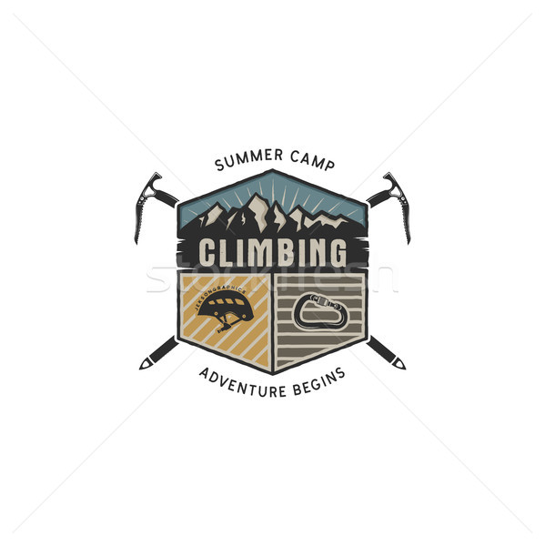 Mountain Adventure, Climbing Vintage Hand Drawn Emblem Template. Outdoor activity sport symbol. Cara Stock photo © JeksonGraphics