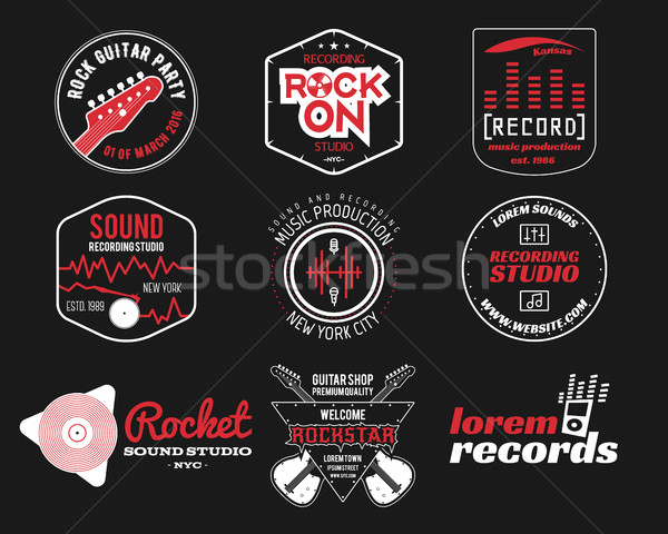 Set of music production logo,label, sticker, emblem, print or logotype with elements - guitar, vinyl Stock photo © JeksonGraphics