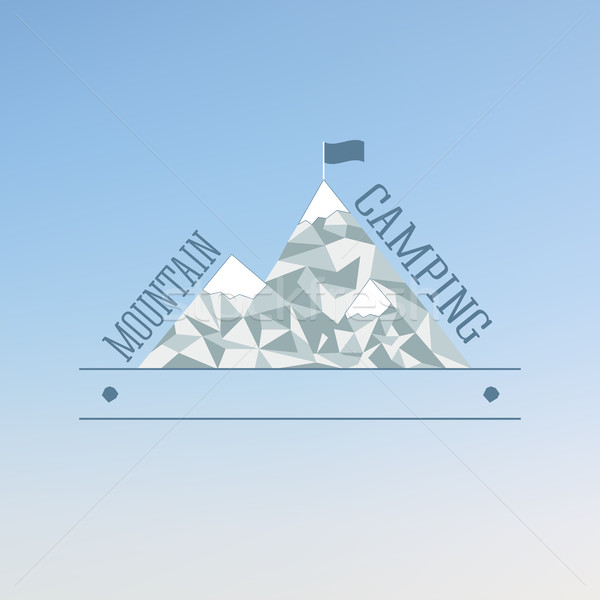 Badge and label logo graphic on abstract blue background. Mountain Camp and travel logo emblem Stock photo © JeksonGraphics