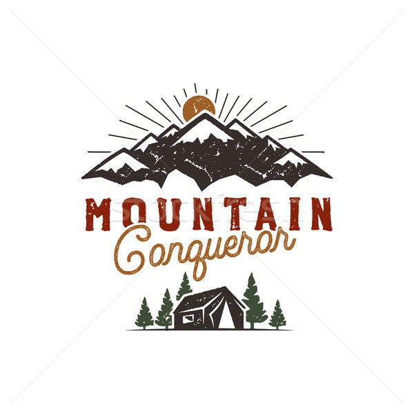 Traveling, outdoor badge. Scout camp emblem. Vintage hand drawn design. Mountain conqueror quote. St Stock photo © JeksonGraphics