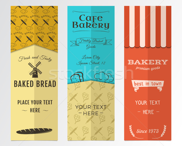 Bakery shop and cafe vertical banners collection. Banner set with fresh bread, windmill icons, logos Stock photo © JeksonGraphics