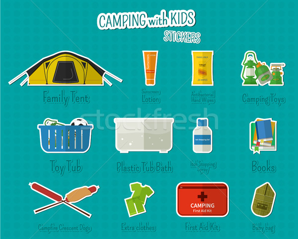 Camping with kids stickers and labels. Set of flat adventure traveling elements and symbols with tex Stock photo © JeksonGraphics