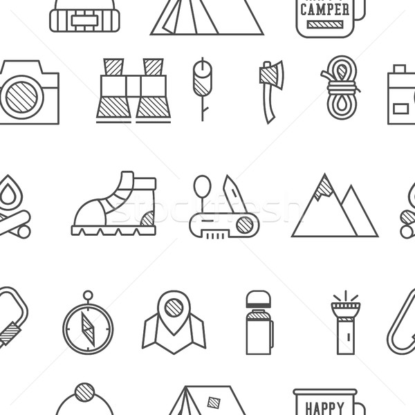 Camp, travel seamless pattern with thin line icon style, flat design. Mountain and climbing theme wi Stock photo © JeksonGraphics