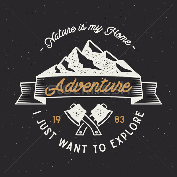 Vintage adventure label. Mountain expedition emblem with crossed axes and typography design nature i Stock photo © JeksonGraphics