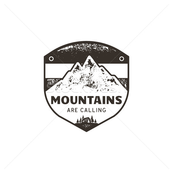 Vintage hand drawn mountains emblem. The great outdoor patch. Mountains are calling sign quote. Mono Stock photo © JeksonGraphics