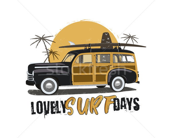 Vintage Surfing Emblem with retro woodie car. Lovely surf days typography. Included surfboards, palm Stock photo © JeksonGraphics
