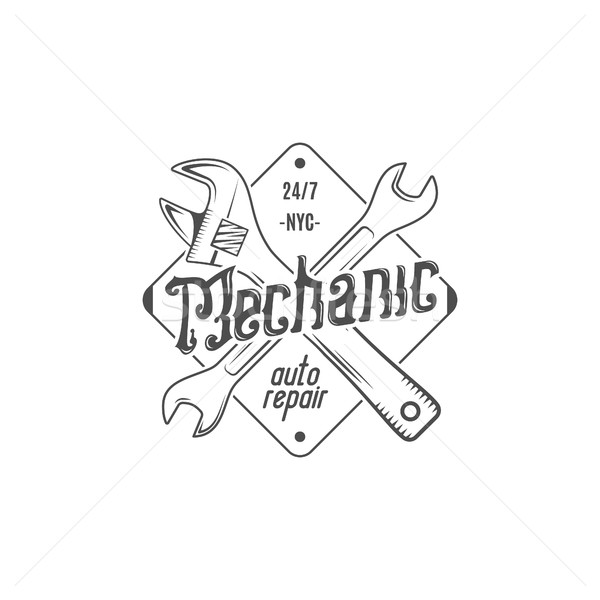 Vintage label design. Mechanic auto repair patch in old style with tools. Use for station, car servi Stock photo © JeksonGraphics