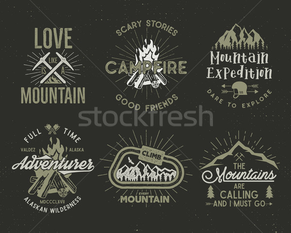 Set of mountain and scouting badges. Climbing labels, mountains expedition emblems, vintage hiking s Stock photo © JeksonGraphics