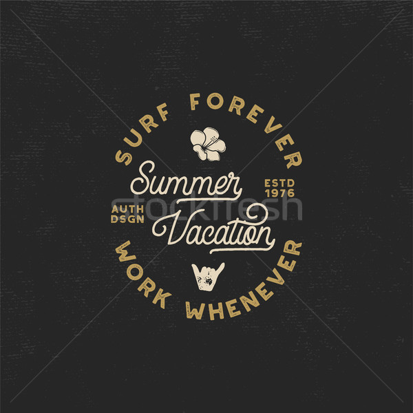 Summer vacation label. Surfing style emblem, logotype design. Flower, shaka sign and typography elem Stock photo © JeksonGraphics